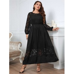 Plus Size Black  Long Sleeve Solid Lace Dress