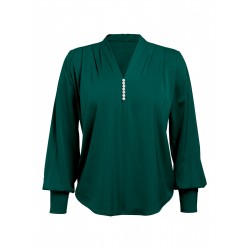   Solid V-neck Puff Sleeve Blouse