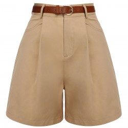 Khaki  Solid Cotton Blend Belted Shorts