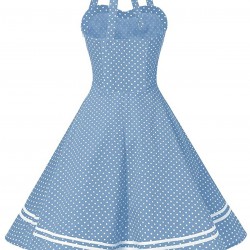 Blue  Polka Dot Halter Swing Dress