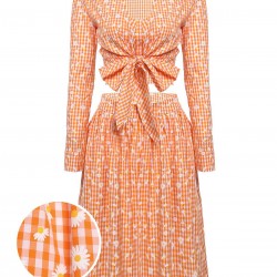 3PCS Orange  Daisy Plaids Top & Skirt