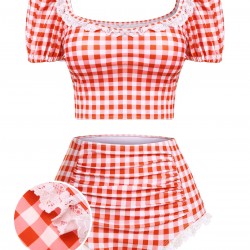 2PCS  Plaid Lace Patchwork Swimsuit